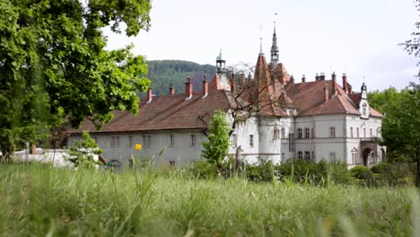 grey castle building on green meadow. vintage house on green lawn