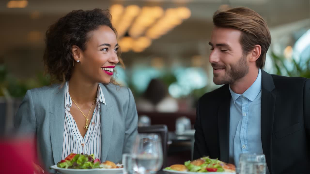 A Joyful Dinner Date Captured in Two Frames: A Couple Enjoying Their Meal with Laughter and Connection in a Vibrant Restaurant Setting Full of Warmth and Light