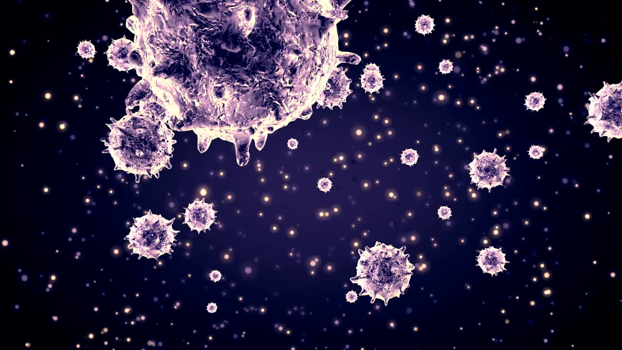 virus bajo el microscopio. sistema inmunológico humano virus moviéndose a través de la pantalla. bacterias virus o gérmenes células de microorganismos bajo el microscope. 3d render microbe. bucle sin costuras.