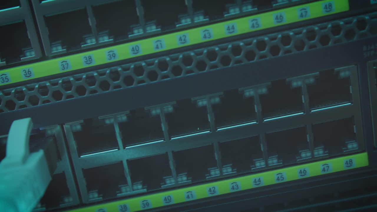 luz parpadeante en un conmutador de red moderno con muchos puertos en la sala de servidores