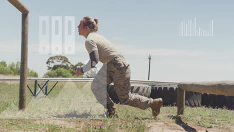 Running through obstacle course, woman in military uniform with animation overlay