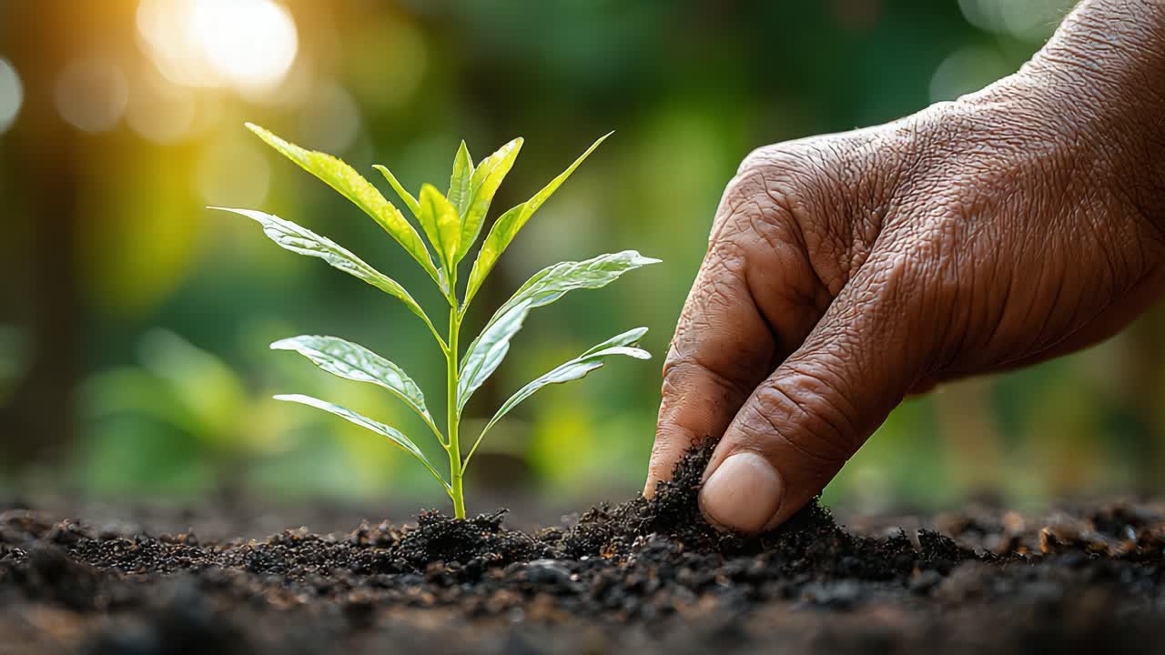 Nurturing Growth: A Close-Up of a Hand Gently Tending to a Young Green Plant Emerging from Fertile Soil in a Lush Natural Environment