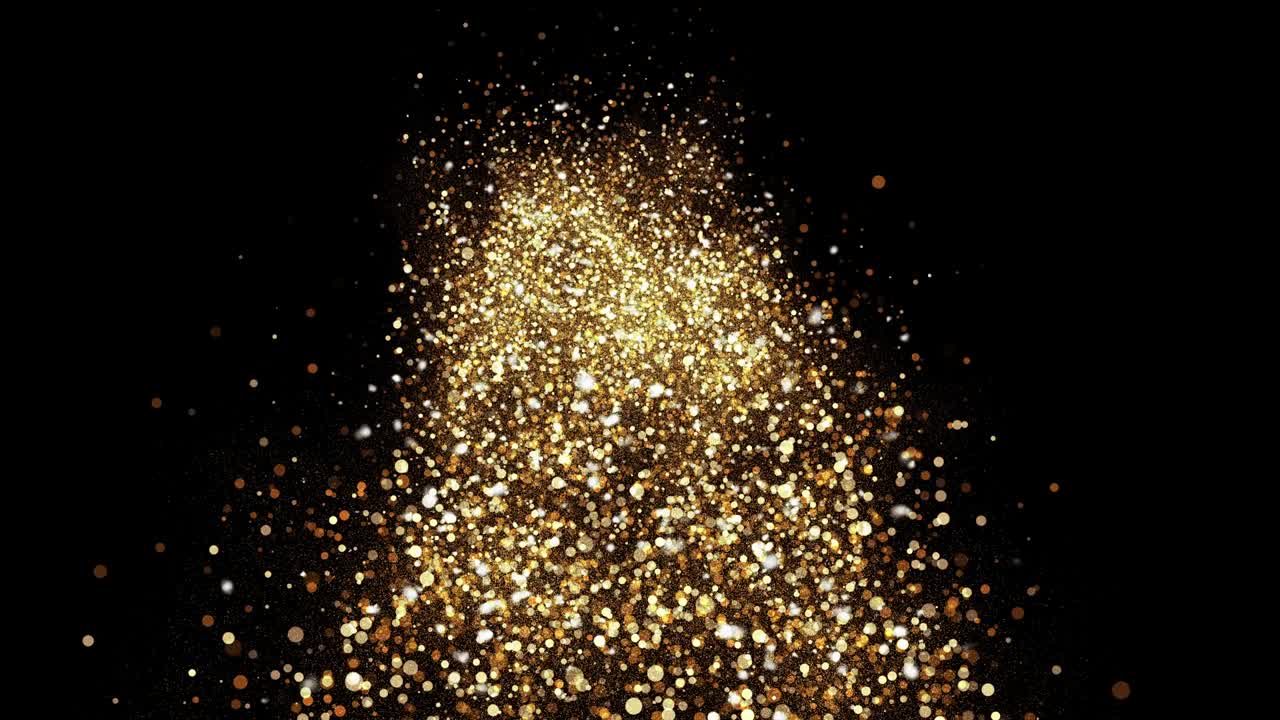 Cielo dorato. Particelle astratte di polvere di stelle fumose a forma di onda. Flusso dinamico nano con particelle 3D. Effetto ondulato dinamico e fumoso