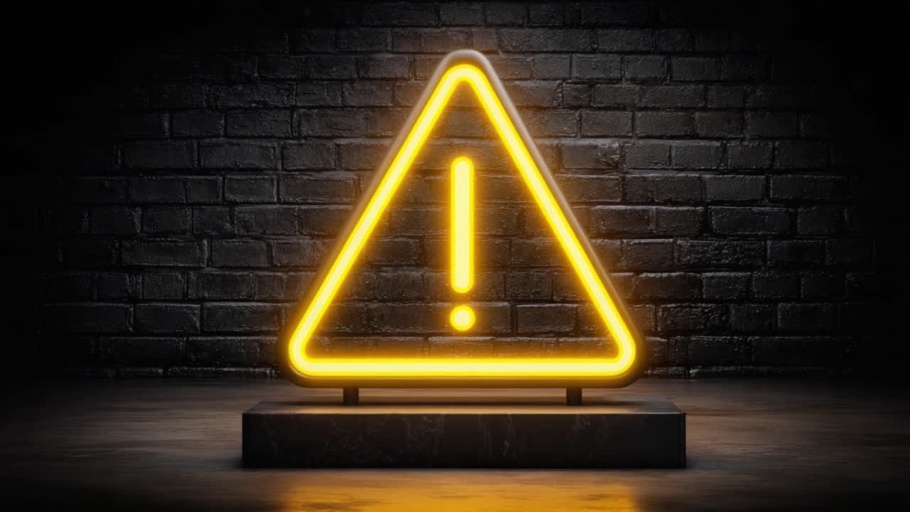 A striking neon yellow warning sign illuminates a dark, industrial setting, highlighting the importance of caution and safety in uncertain environments