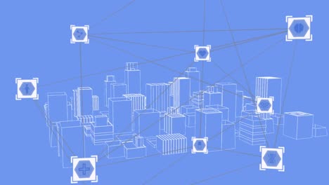 Animation-of-network-of-connections-with-icons-over-digital-city-on-blue-background