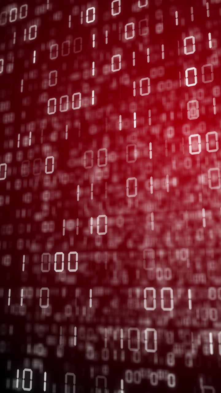 Red background with changing binary code. Blurred numbers of zeros and ones on virtual screens. Abstract loop animation. Vertical video.