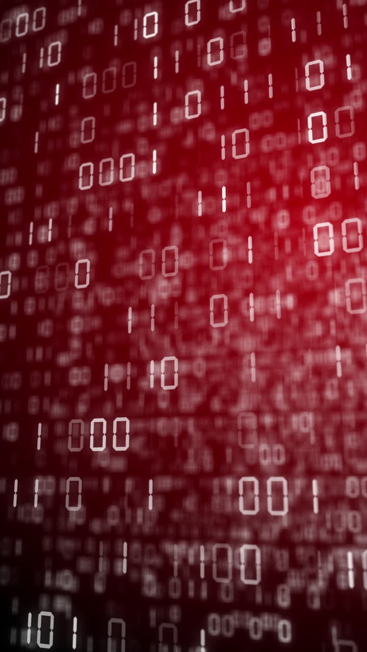 Red background with changing binary code. Blurred numbers of zeros and ones on virtual screens. Abstract loop animation. Vertical video.