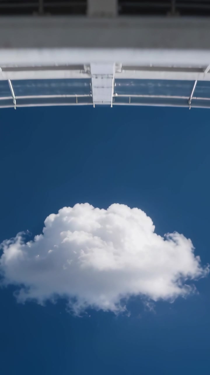 Video verticale: Inclinazione della telecamera che mostra una nuvola cumuliforme che sale, espandendosi sotto un arco bianco, cielo blu.