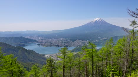 mt. fuji y el lago kawaguchi vistos desde el paseo verde fresco de shindo