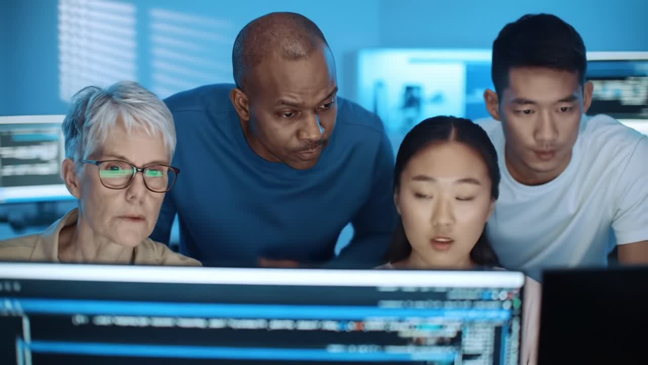 A Diverse Team Collaborates on Complex Coding Project in a Modern Tech Environment, Analyzing Data on Multiple Monitors with Intense Focus and Engagement