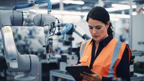 a focused engineer interacts with advanced robotic technology on a tablet, overseeing automation processes in a modern manufacturing facility.