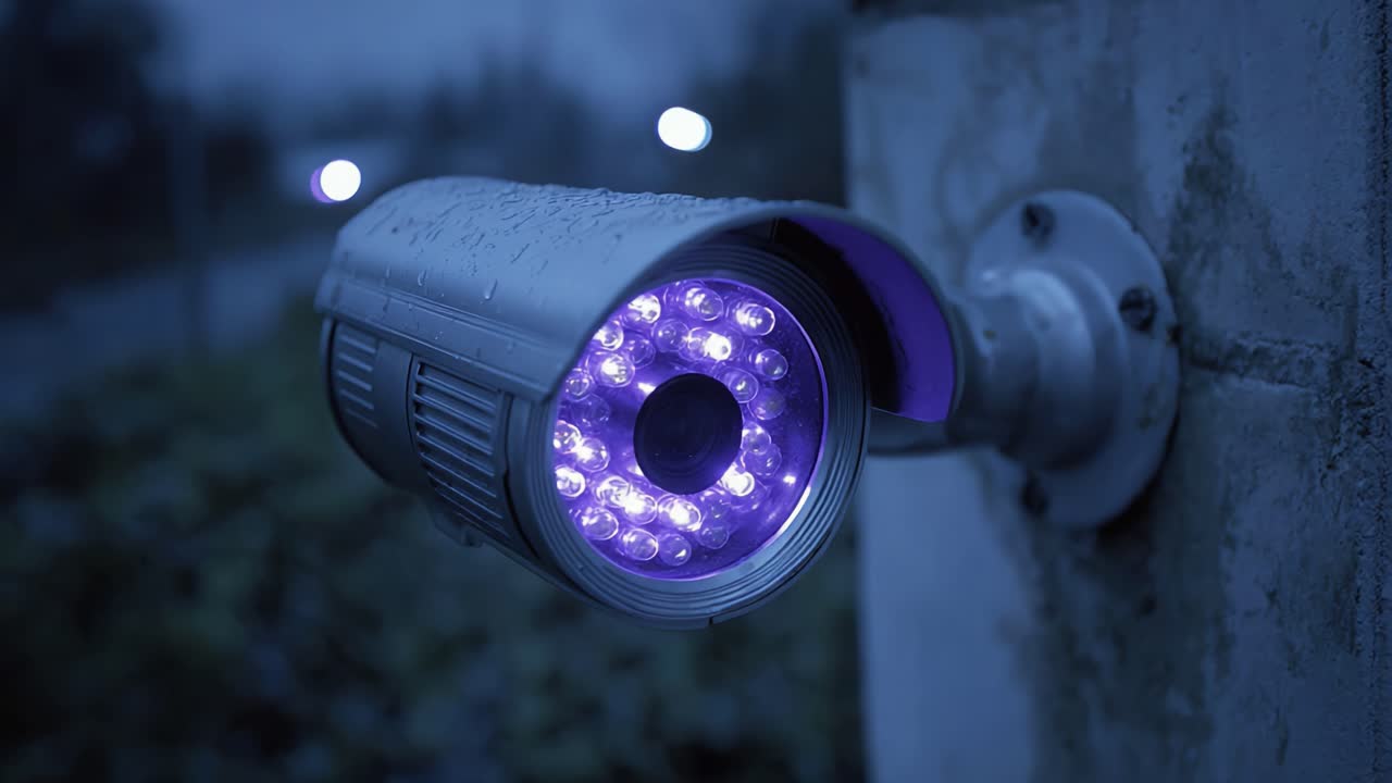 Surveillance Camera with LED Lights Captured in Low Light: A Close-Up on Security Technology and Night Vision Effectiveness