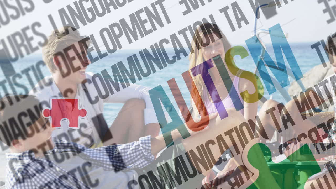 여름 해변 파티에서 행복한 친구들 위에 다채로운 퍼즐 조각과 자폐증 텍스트의 애니메이션