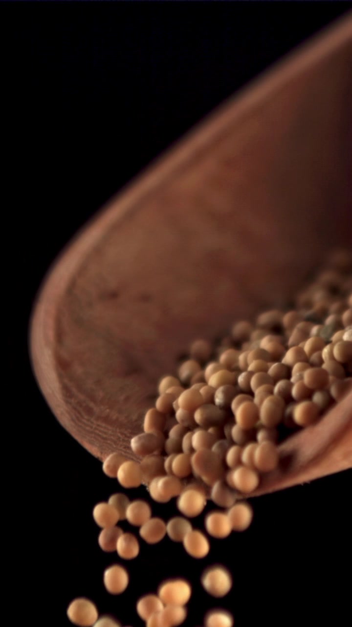 Semillas de mostaza cayendo de una cuchara de madera a cámara lenta