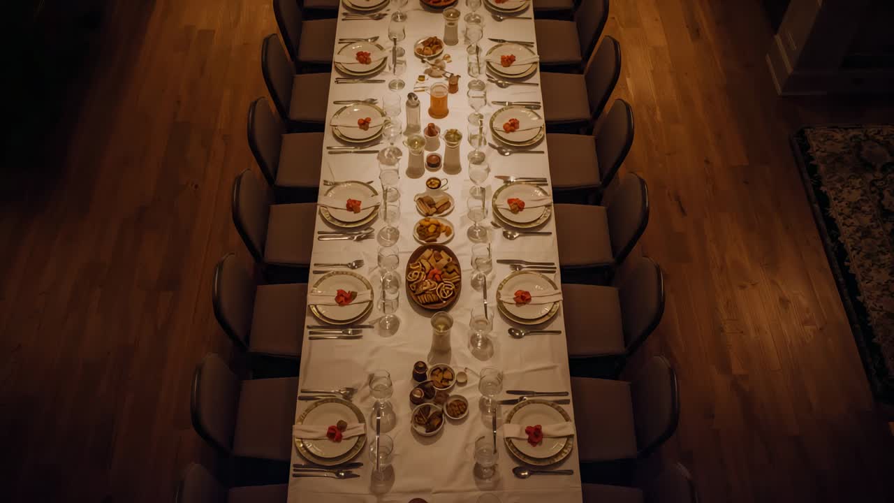 Recording ceiling camera filming long dining table staying set for meal, with twelve settings