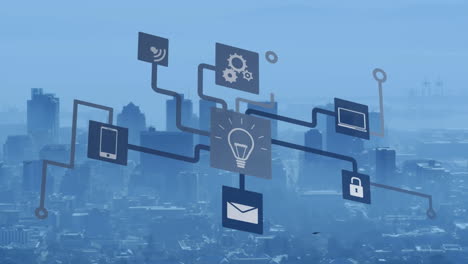 animation of network of connections with icons and statistics over cityscape