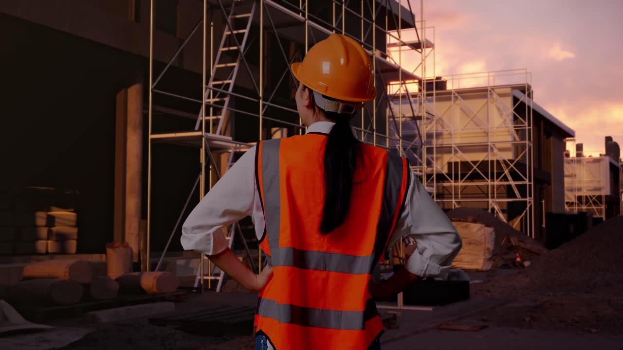Back View Of A Female Engineer Wearing Safety Helmet Looking Around While Standing With Arms Akimbo At Construction Site in Progress to New House