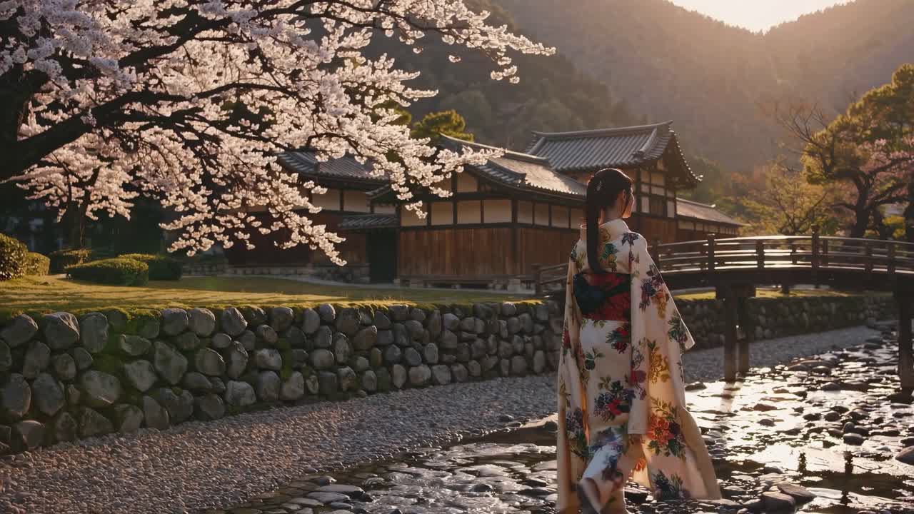 A serene video scene of a woman in traditional attire walking by a stream, captured from a low