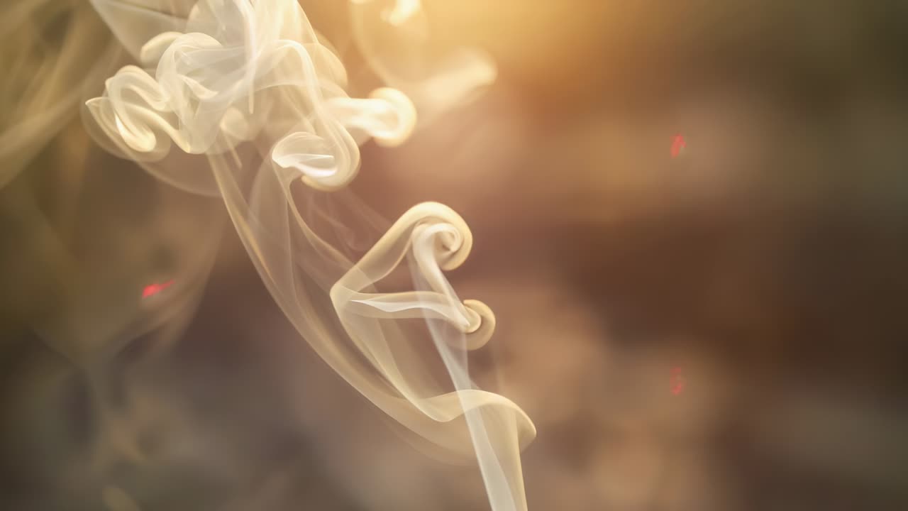 Colonna di fumo pallido che sale e si arriccia in spire a livello macro, proveniente da un bastoncino fumante con una calda retroilluminazione