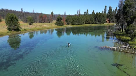 Clear-calm-water-and-a-kayak,-great-times-in-Spring-Creek,-Oregon