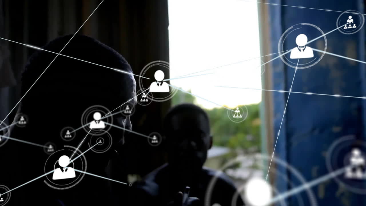 animación de iconos conectados sobre padre afroamericano tomando hijo práctica de examen en casa