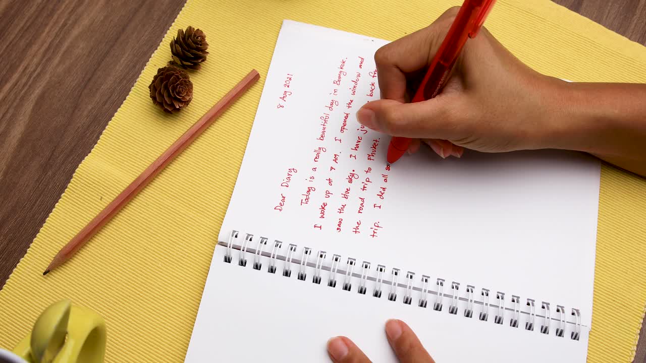 Handwriting a Diary with a Red Pen Overhead Shot Close Up of Woman's Hand