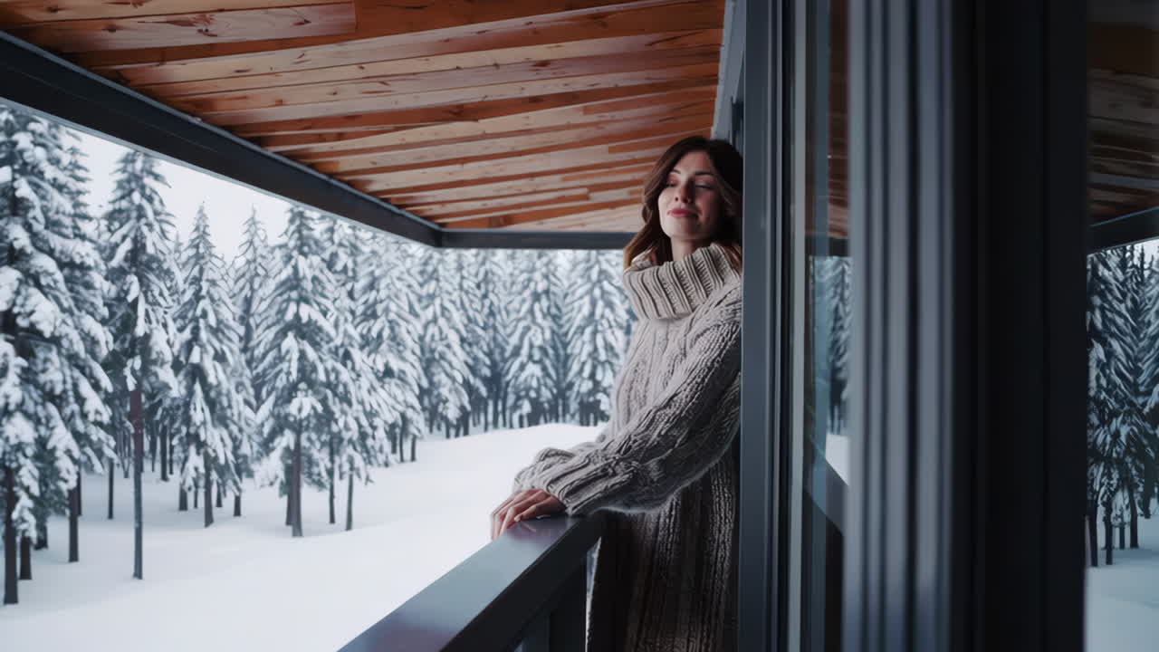 Woman in Cozy Sweater Enjoying Snowy Forest View from Balcony