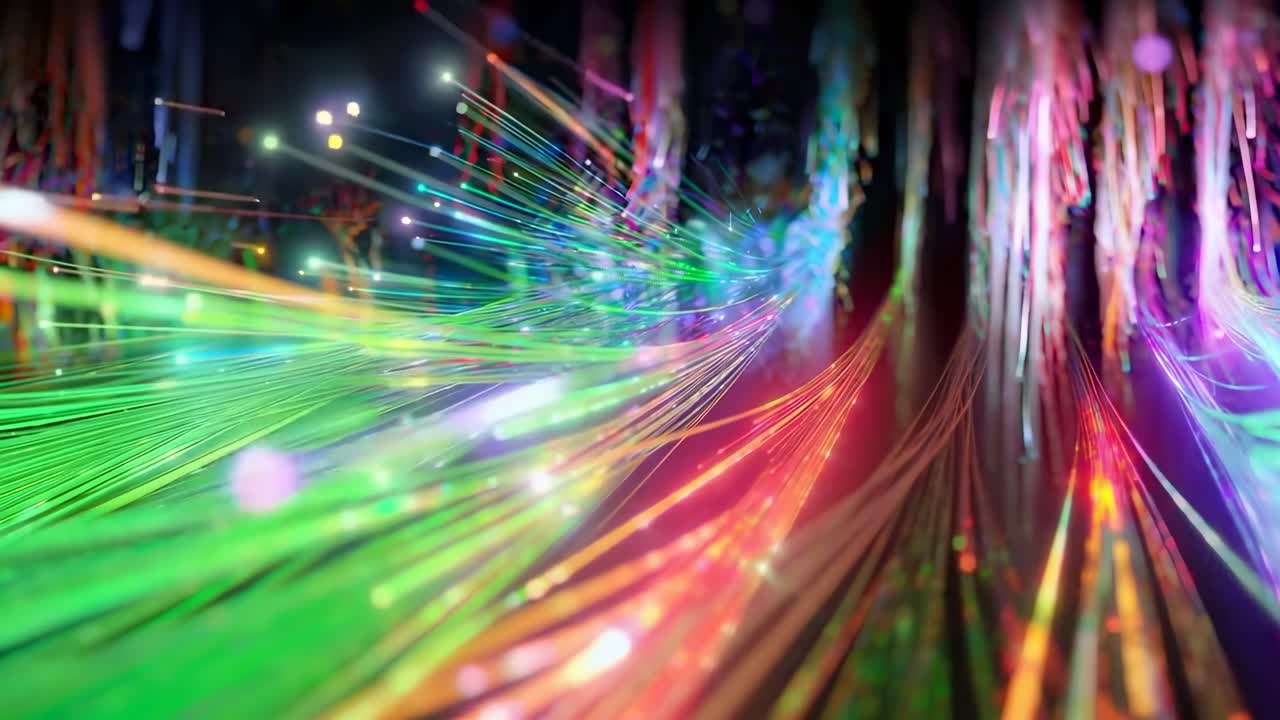 Dynamic video of colorful fiber optics from a low angle, showcasing vibrant digital flow
