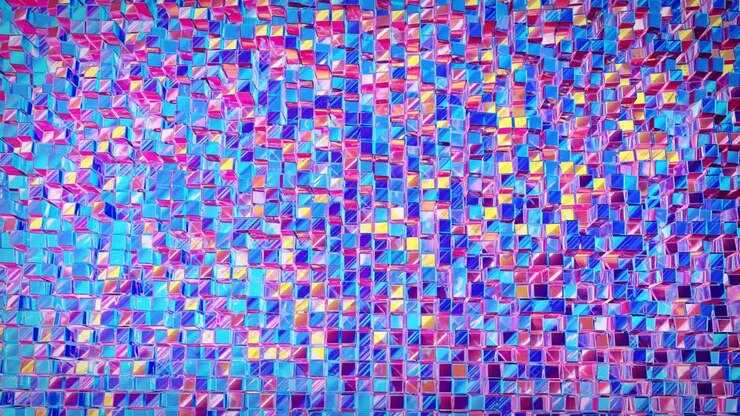 Looped abstract iridescent fluid background. Beautiful wavy glass surface of liquid with square pattern, gradient color and flow waves on it. Creative bright bg with soft smooth animation.