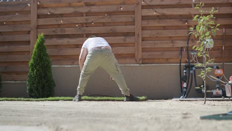 gardener laying lawn in private yard with wooden fence