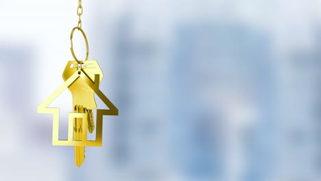 animation of hanging golden house keys against blurred background with copy space