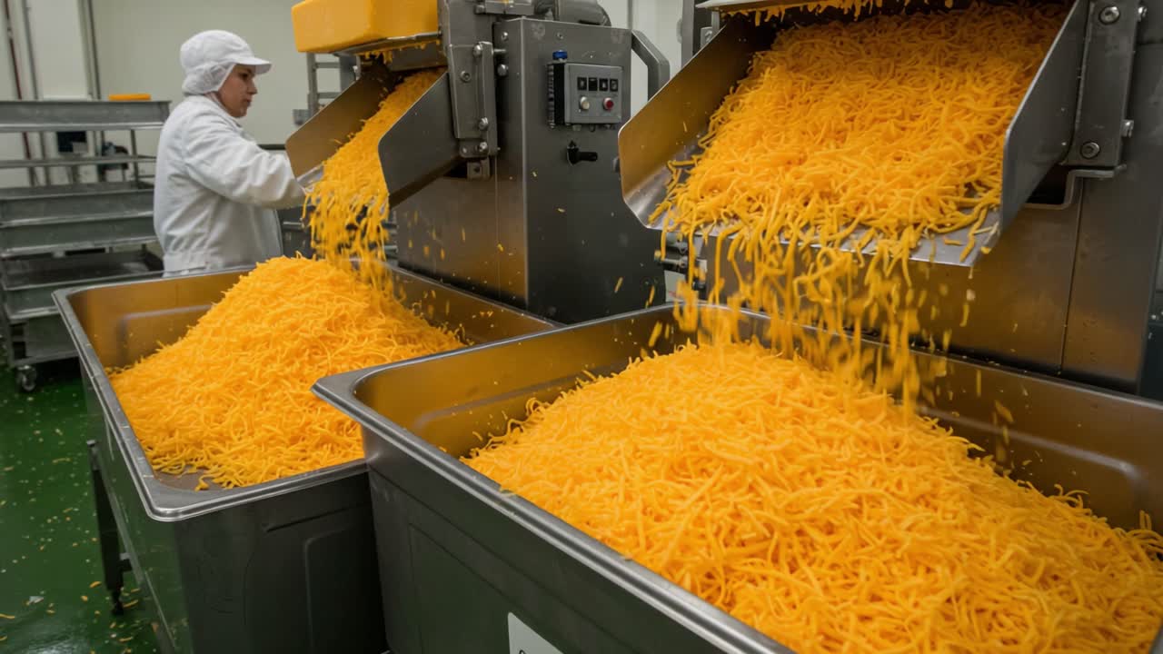 A Worker in a Food Processing Facility Overseeing the Flow of Shredded Cheddar Cheese into Large Bins, Showcasing Bulk Cheese Production Process