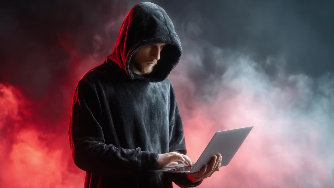 A Mysterious Figure in a Hoodie Engaged in Hacking Activities on a Laptop Amidst Swirling Smoke and Dramatic Lighting Effects