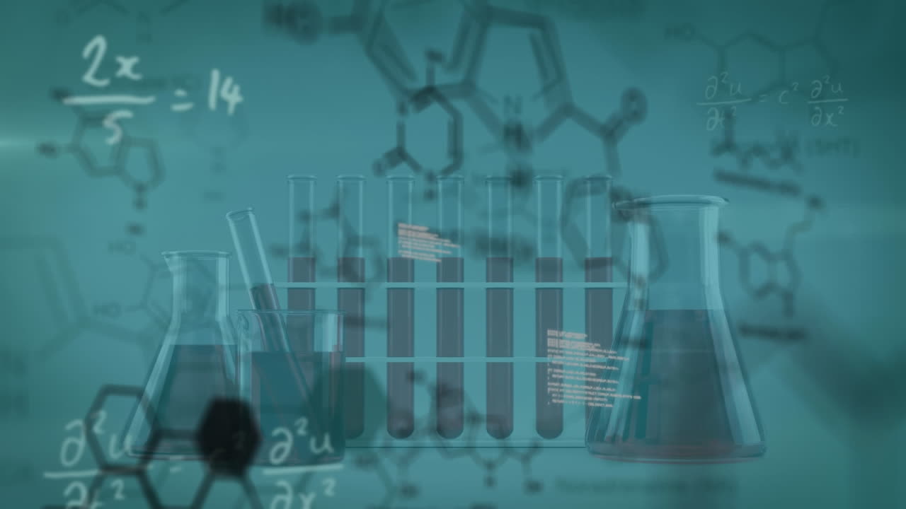 Animation of chemical structures and mathematical equations over close up of test tubes and flasks