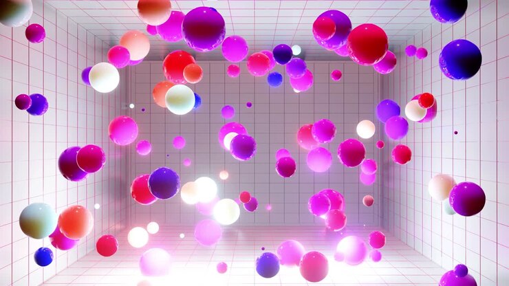 Abstract composition of colorful balls in air, which randomly light up and reflect in each other. Multicolored spheres in air as simple geometric light background with light effects. In light room