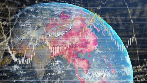 Animation-of-data-statistics-and-graphs-processing-over-globe-spinning