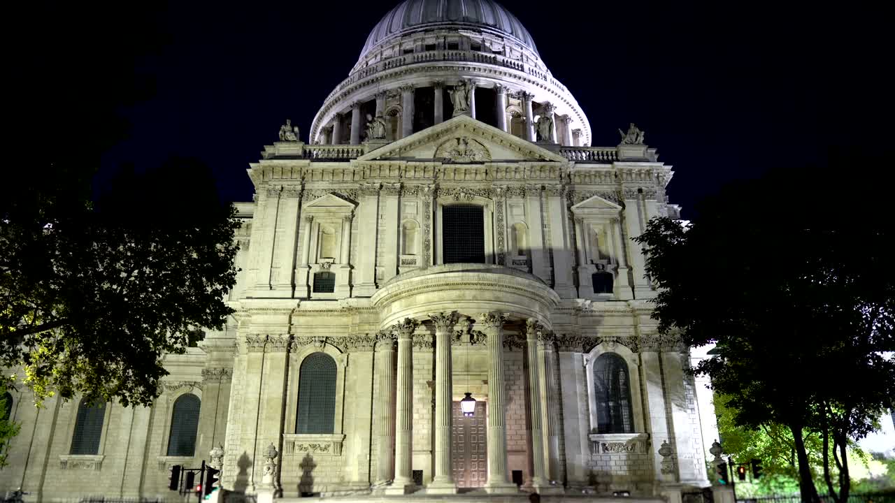 Tilting Up St. Paul`s Cathedral and Dome Illuminated at Night in London, UK - Commercially Usable