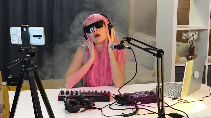 Donna dai capelli rosa che trasmette in streaming contenuti di produzione musicale