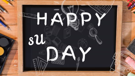 animation of happy substitute day text over school items icons