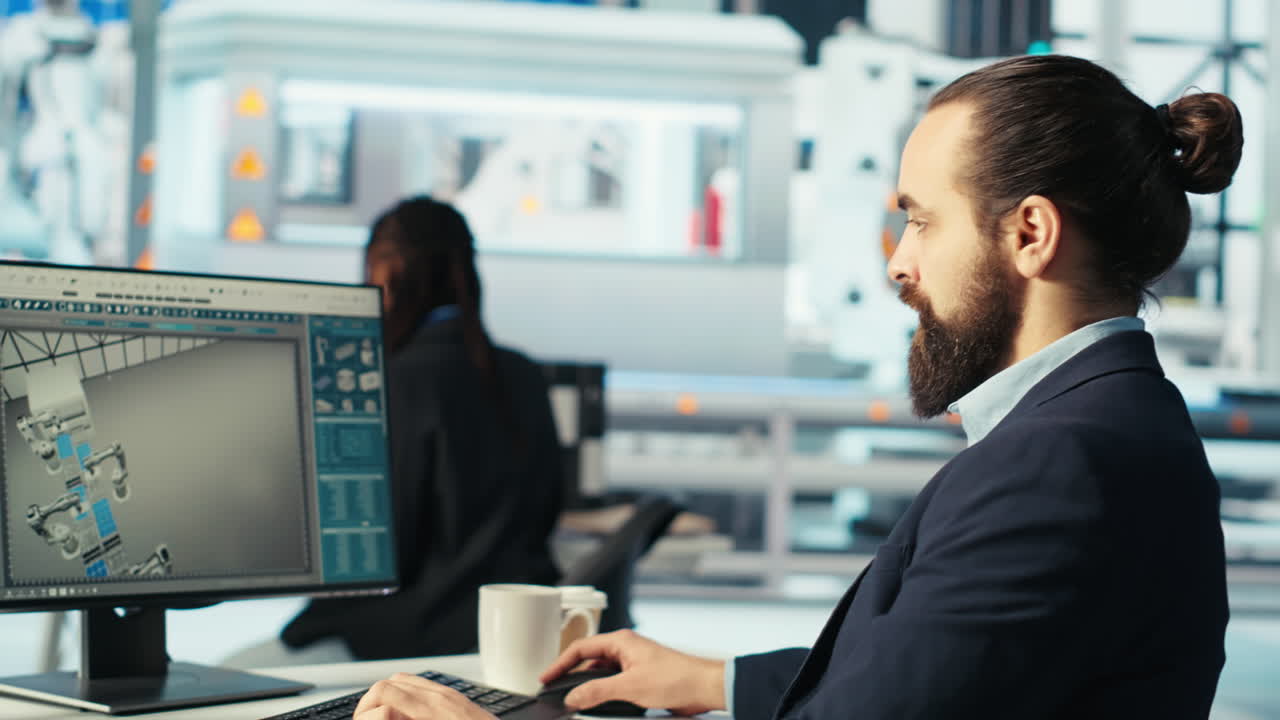 ingegnere in una fabbrica fotovoltaica che utilizza il computer per diagnosticare i sistemi