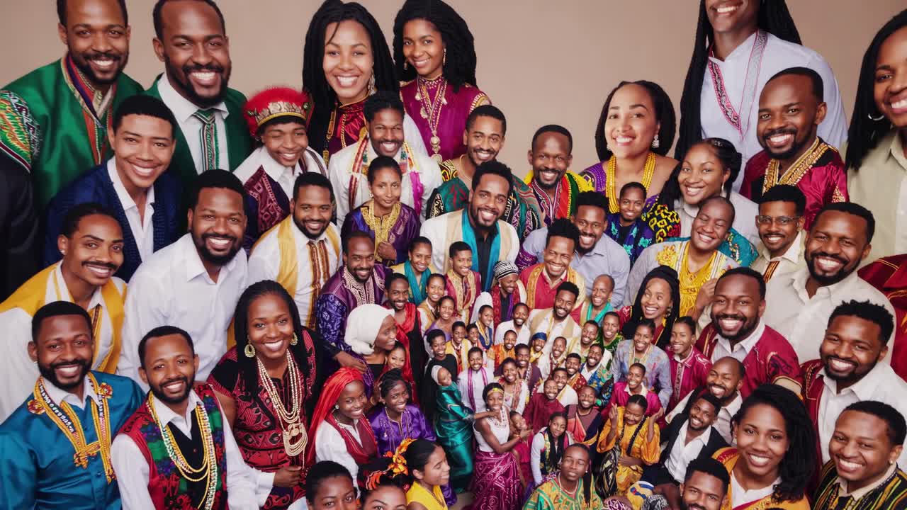Vibrant group portrait from a high-angle, showcasing diverse cultural attire