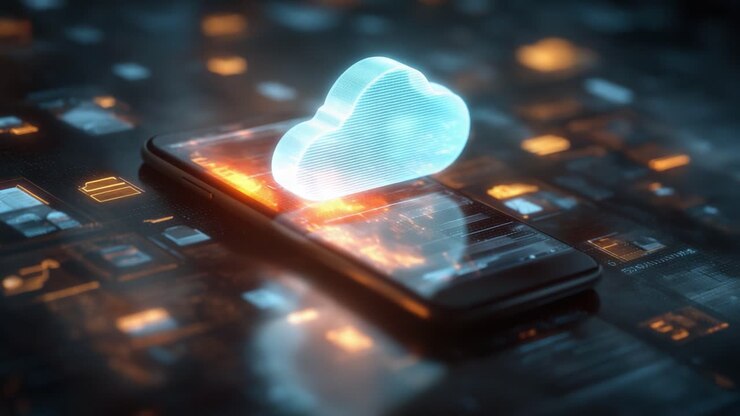 Innovativ cloud-computingteknologi over smartphone-display: Visualisering af digital transformation i forbindelse med konnektivitet og dataadministration for moderne brugeroplevelse