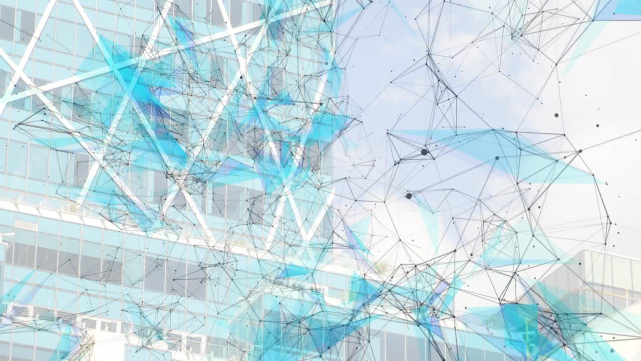 animación de la red de conexiones sobre un moderno edificio de oficinas en el fondo