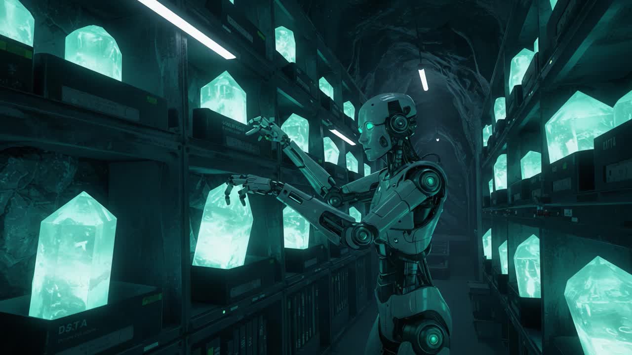 A robotic figure meticulously examines glowing crystals stored within a dimly lit chamber, surrounded by shelves filled with luminescent artifacts in a futuristic setting