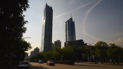 sunny evening shenzhen city downtown traffic street slow motion panorama 4k china