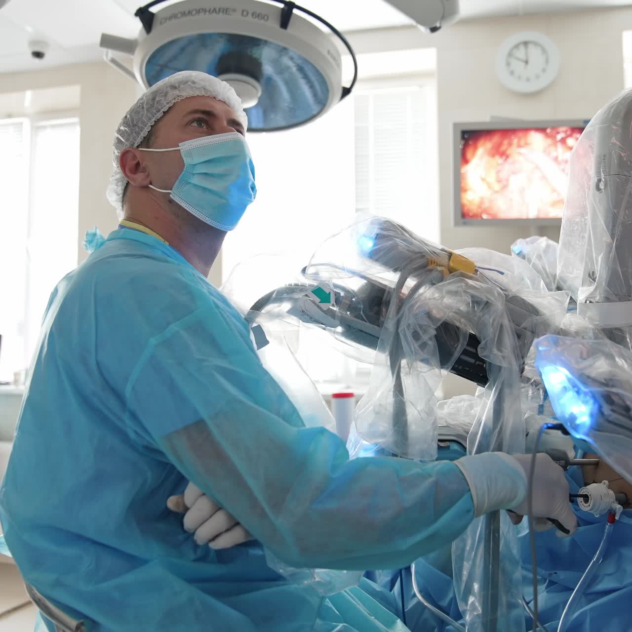 Robot for performing neurosurgery operation. Machine arm surgeon in futuristic operation room
