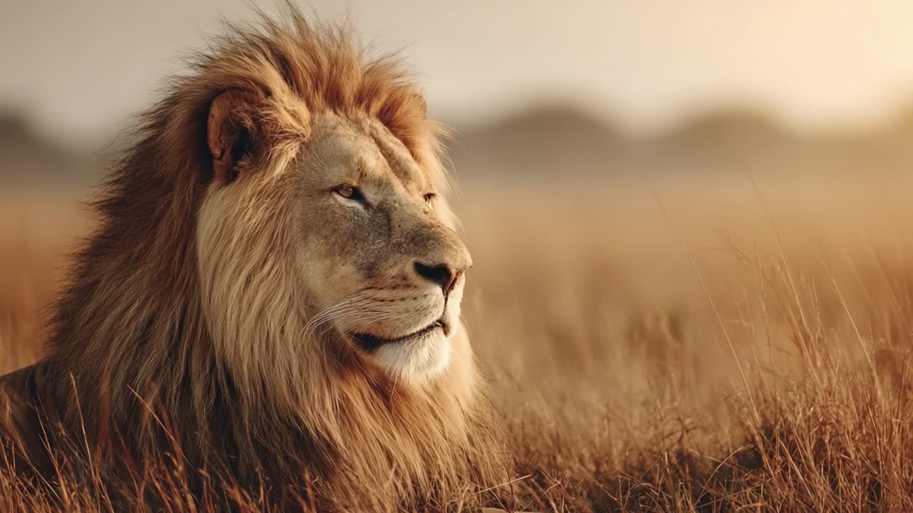 A Majestic Lion Resting in a Golden Grassland, Capturing the Essence of Nature's Royalty and the Serenity of the African Wilderness at Dusk