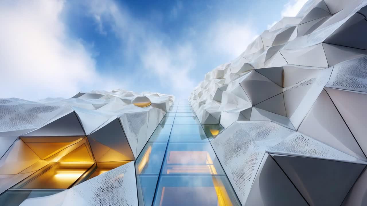 A Captivating Perspective of an Architectural Marvel with Dynamic Facade and Glass Elements Against a Beautiful Sky, Showcasing Intricate Patterns and Modern Design Elements