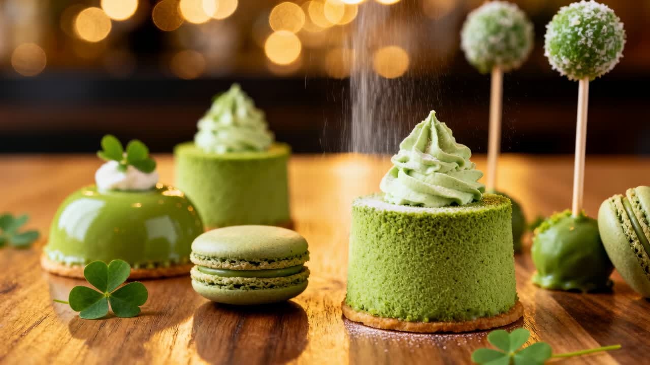 Sprinkling powdered sugar falling over matcha macaron and mousse cake on tabletop coating pastries