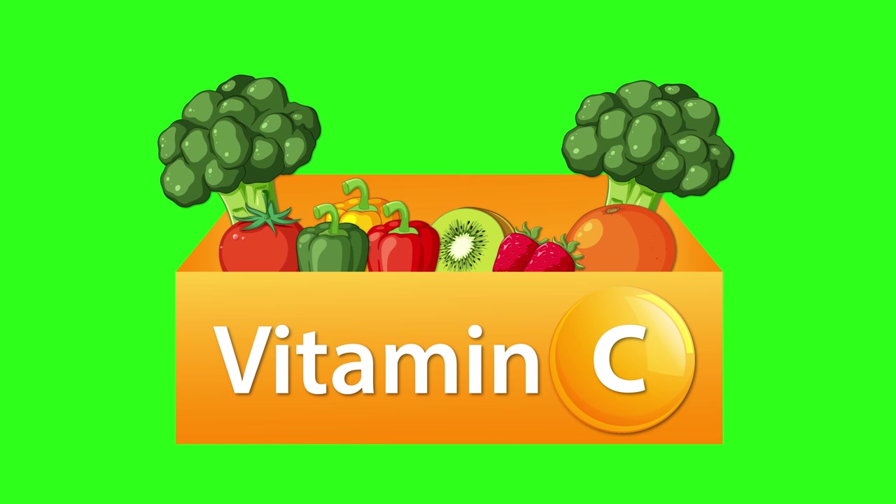 Una confezione animata di vitamina C si riempie di broccoli, peperoni, kiwi e fragole su uno sfondo verde brillante